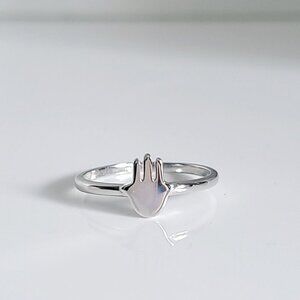 Dainty Sterling Silver Hand Ring, Minimalist Hand of Fatima Protection Amulet